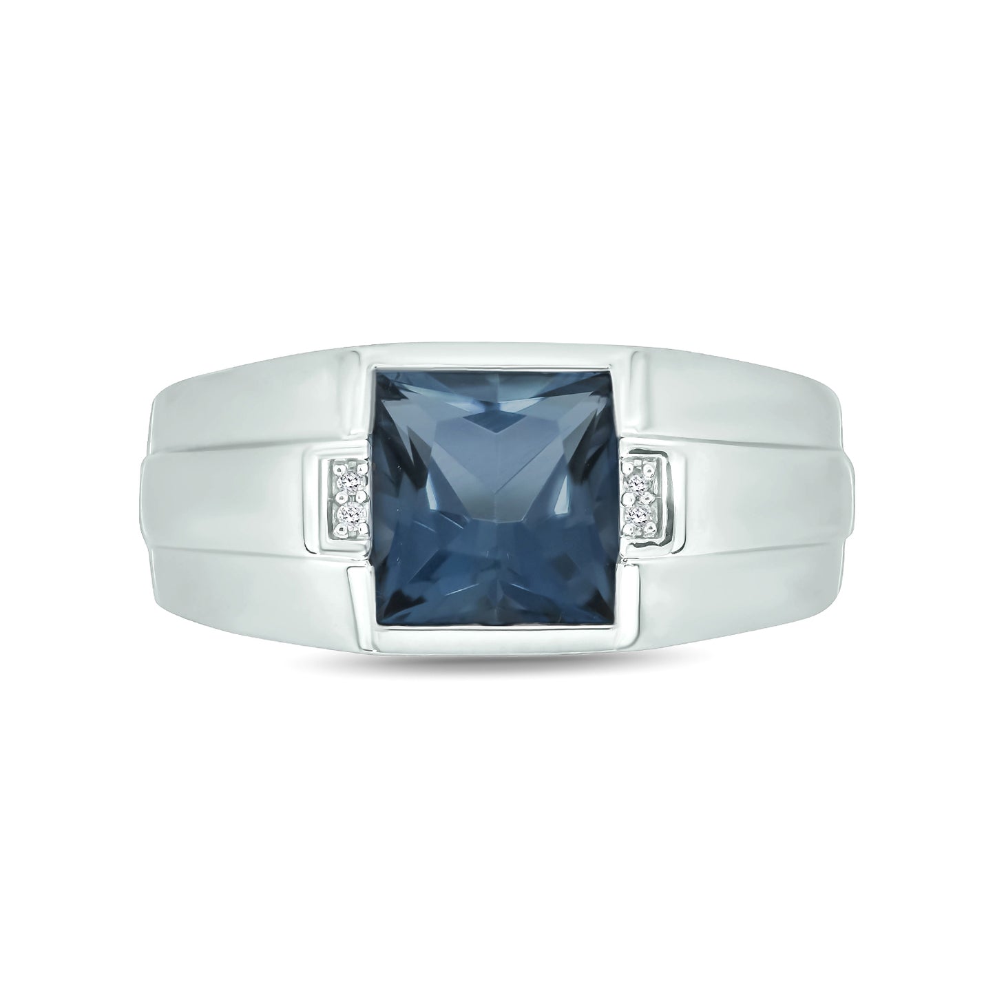 925 Sterling Silver Men's Polished Shank Square Natural Gemstone & Diamond Ring