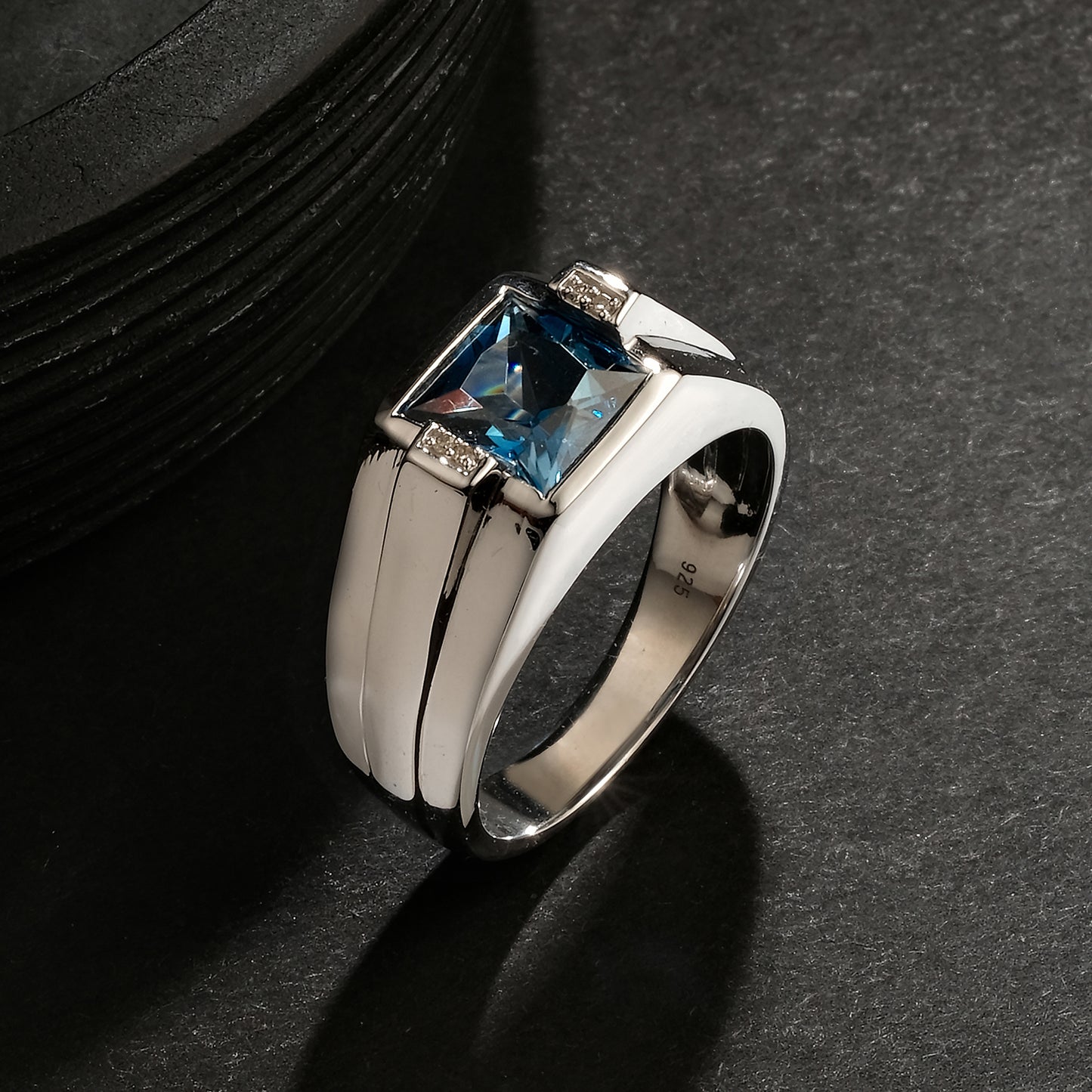 925 Sterling Silver Men's Polished Shank Square Natural Gemstone & Diamond Ring