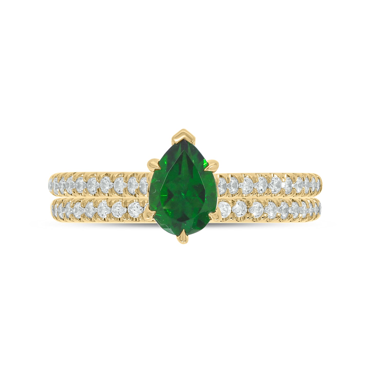 10KT Gold Classic Pear Shaped Green Emerald Solitaire & Diamond Wedding Ring Set