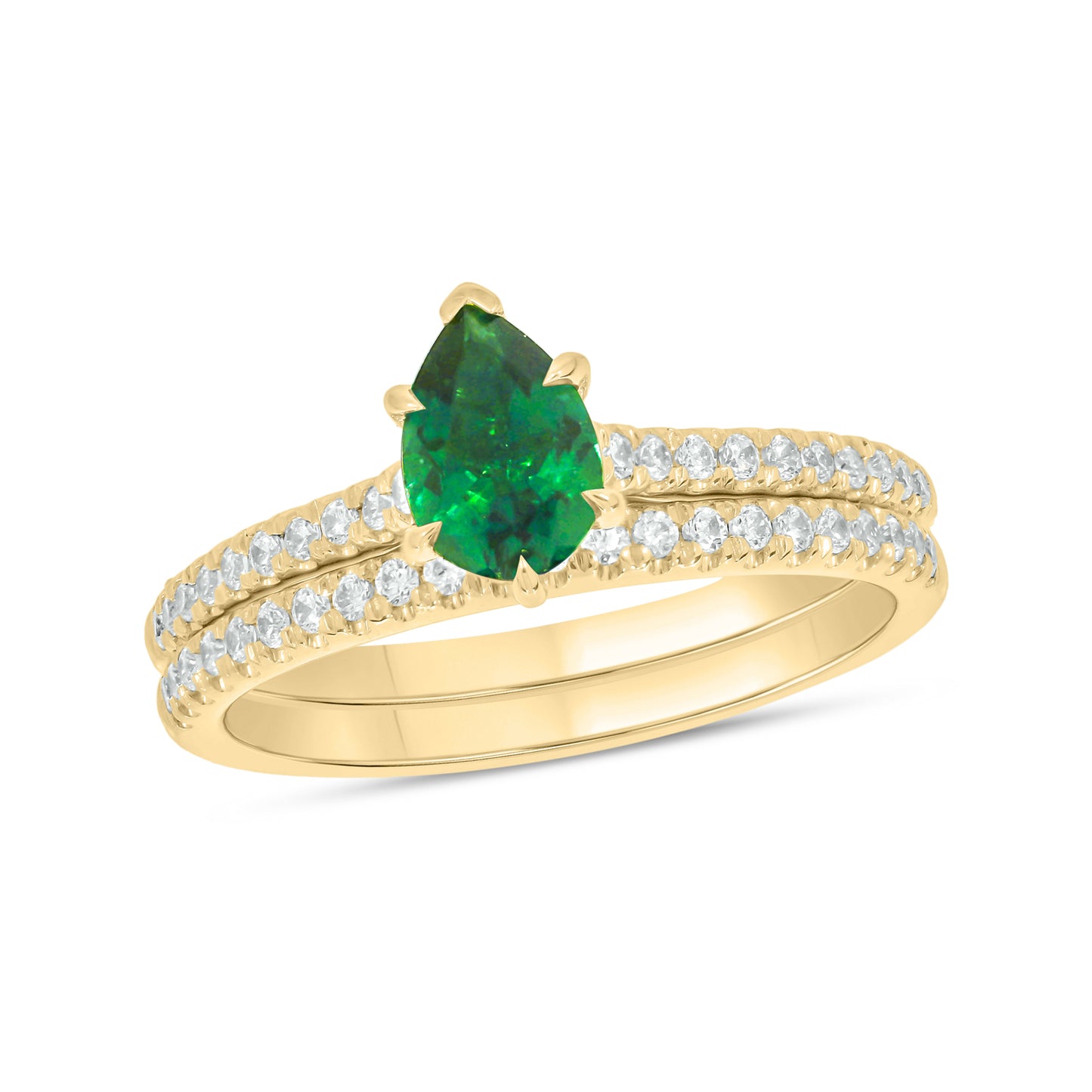 10KT Gold Classic Pear Shaped Green Emerald Solitaire & Diamond Wedding Ring Set
