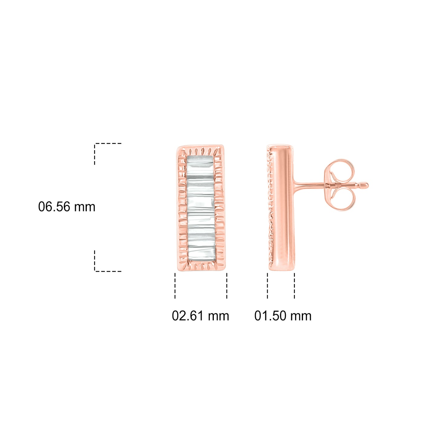14K Gold Bar Stud Earrings With Baguette Diamonds