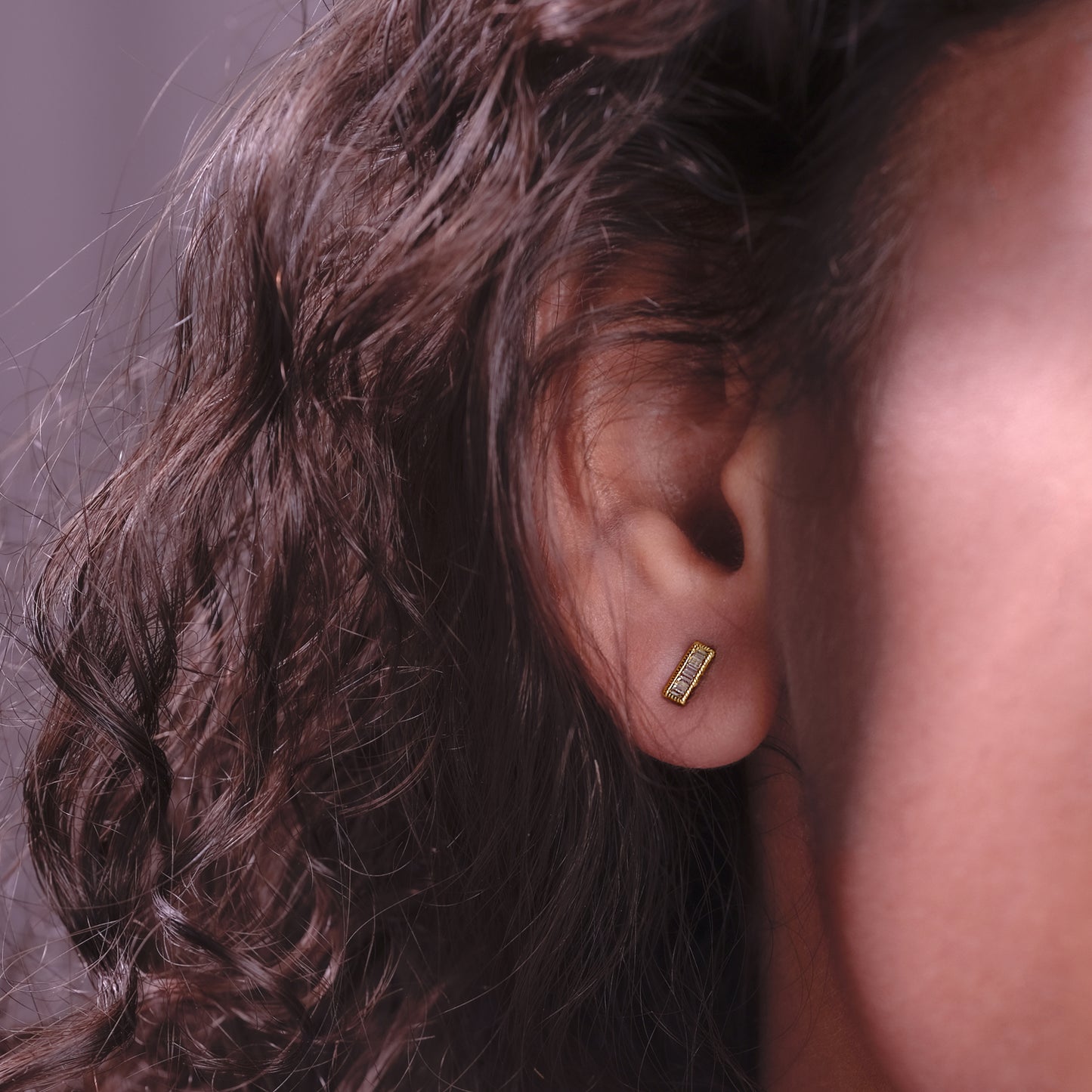 14K Gold Bar Stud Earrings With Baguette Diamonds