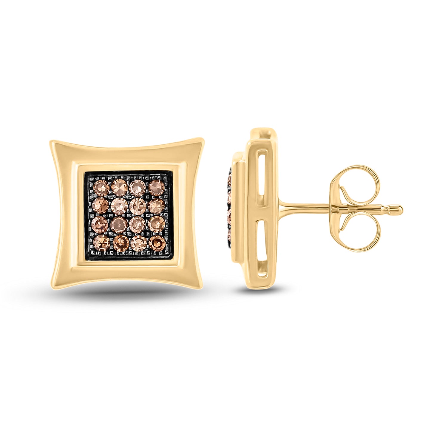 10K Gold Men's Champagne Diamond Square Stud Earrings