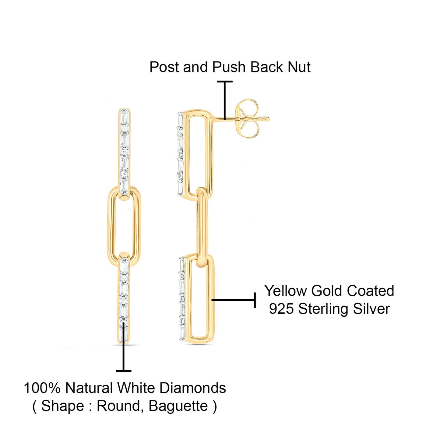 Paper clip Diamond Drop Earrings in 925 Sterling Silver