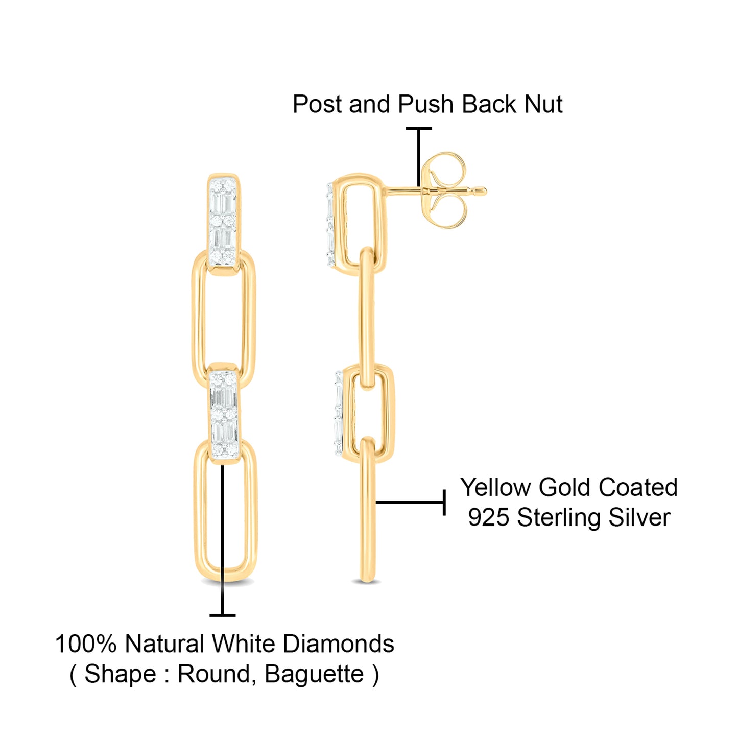 Paper clip style Diamond Drop Earrings in 925 Sterling Silver