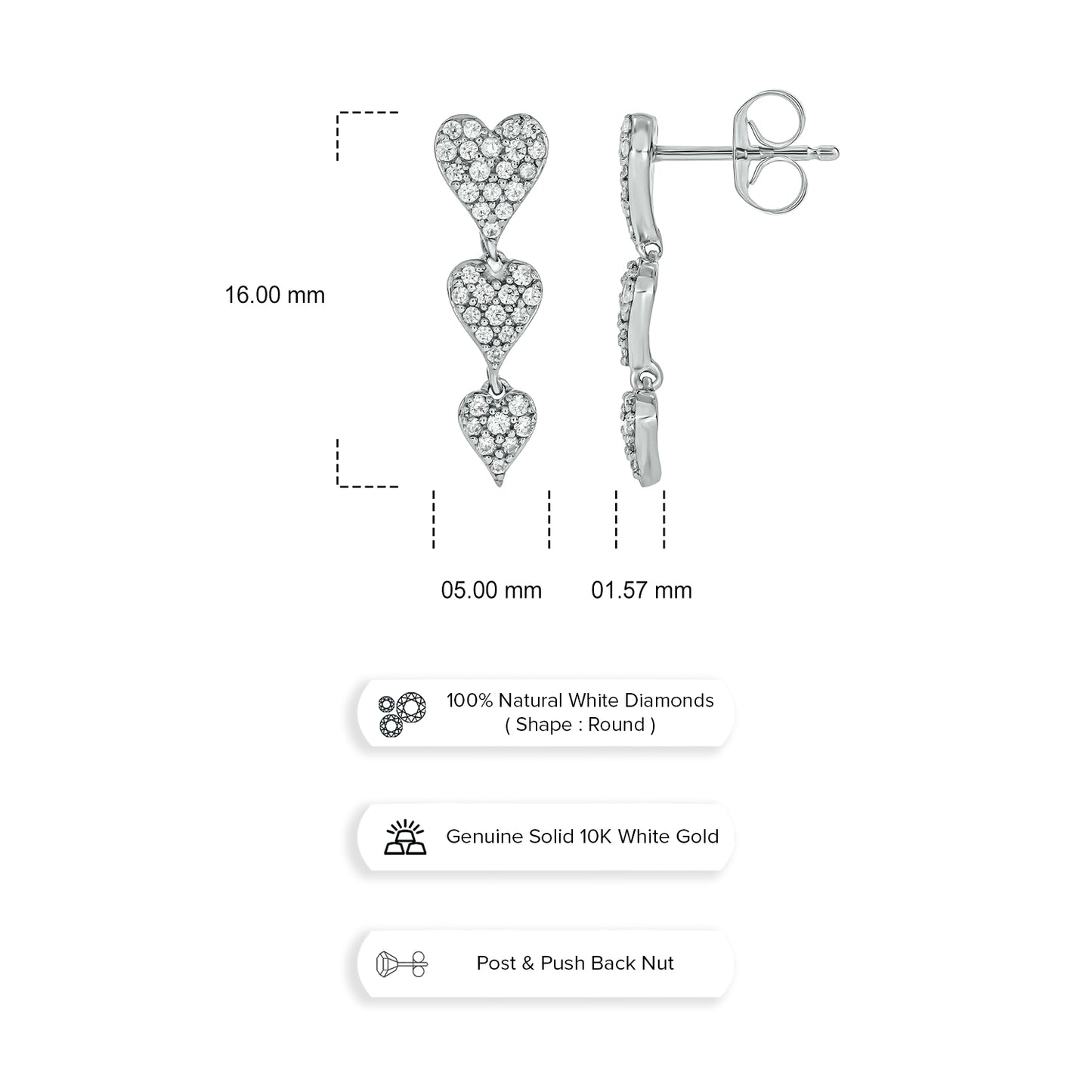 10KT Gold Stunning Triple Heart Diamond Drop Earrings