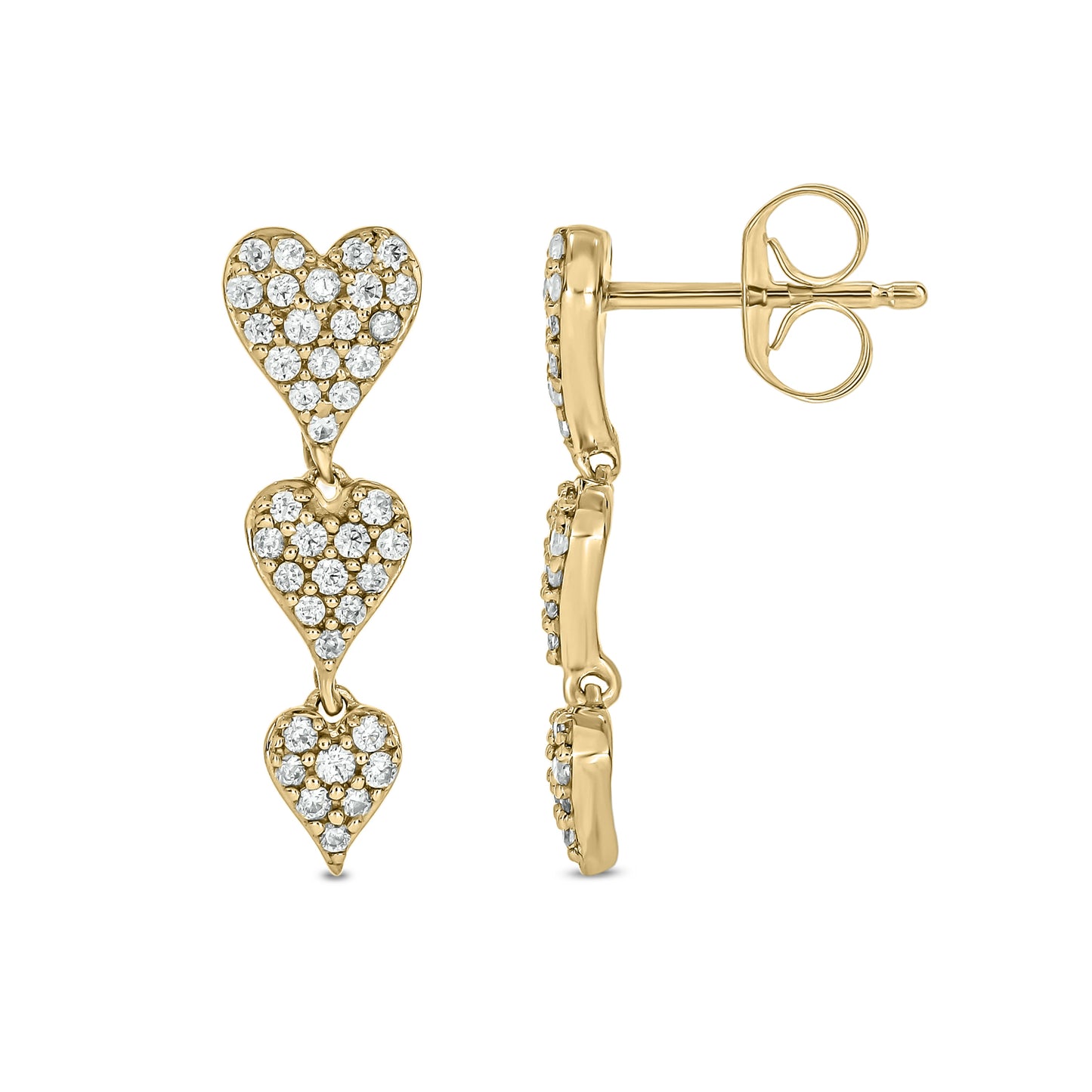 10KT Gold Stunning Triple Heart Diamond Drop Earrings