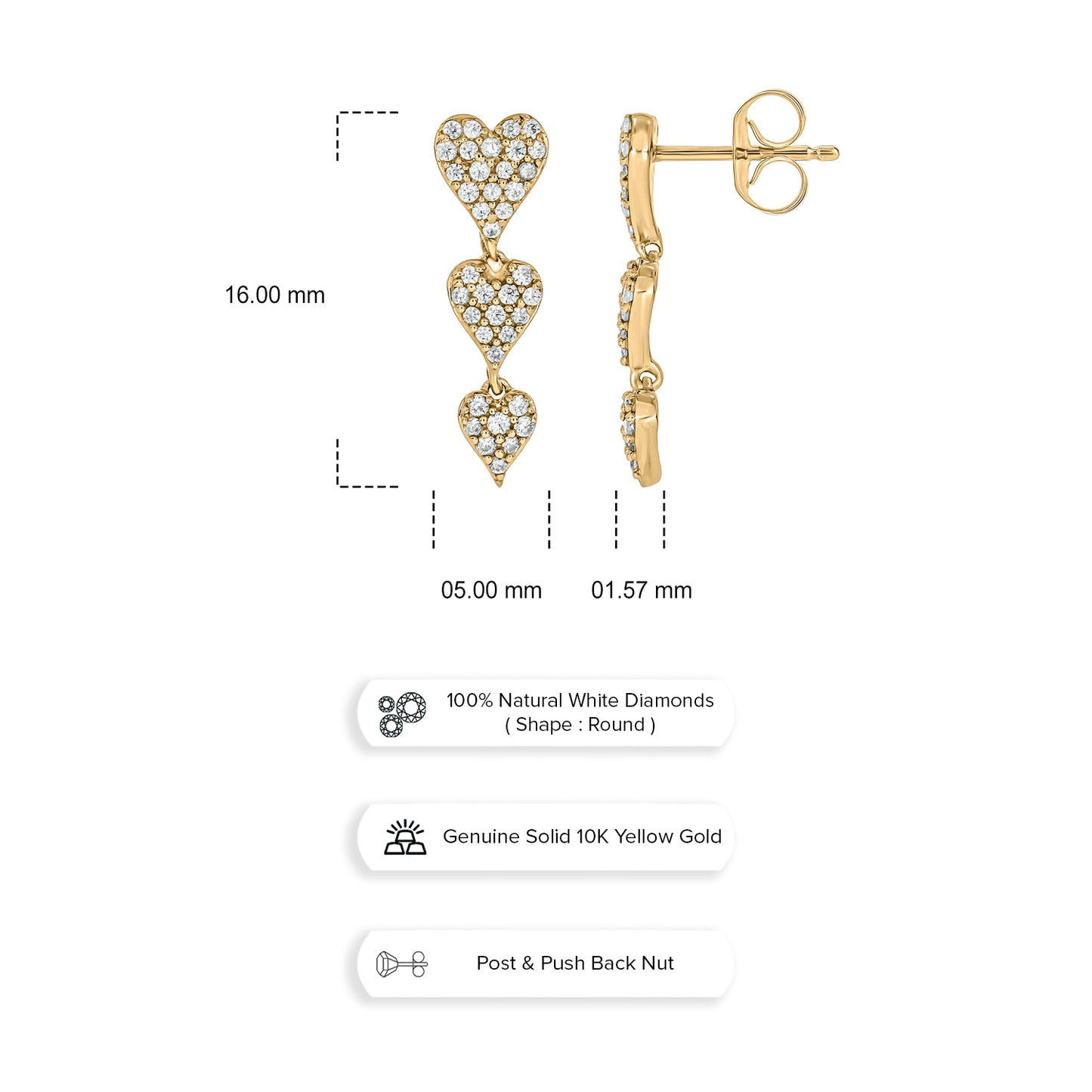 10KT Gold Stunning Triple Heart Diamond Drop Earrings