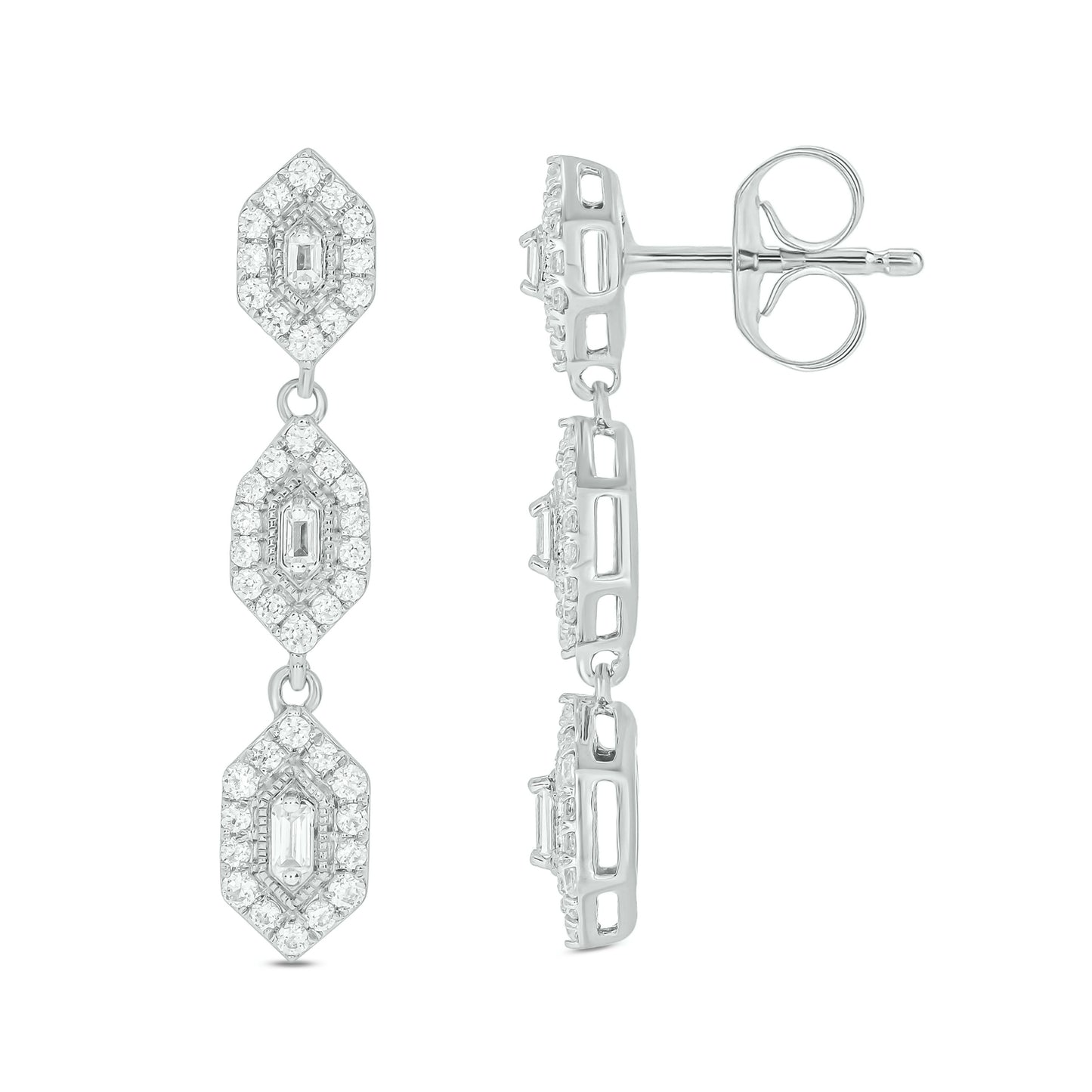 10KT Gold Round & Baguette Diamond Studded Drop Earrings
