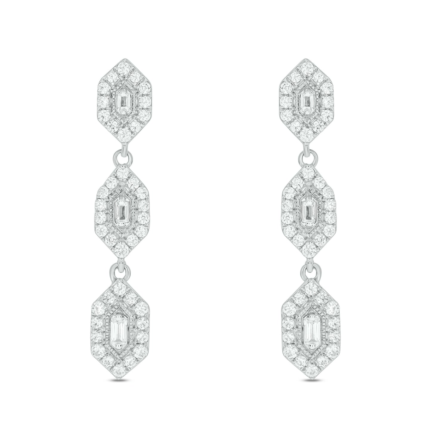 10KT Gold Round & Baguette Diamond Studded Drop Earrings