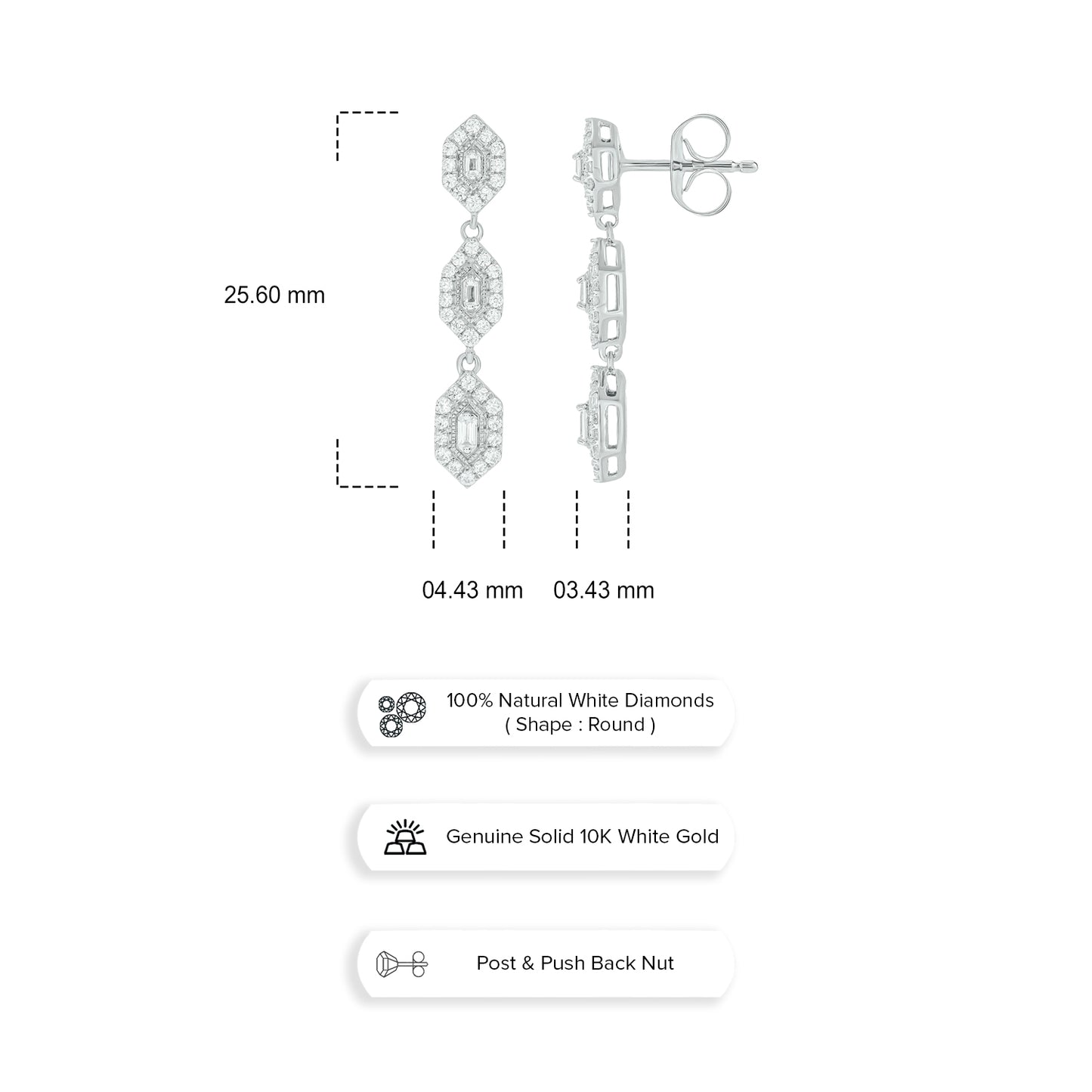 10KT Gold Round & Baguette Diamond Studded Drop Earrings