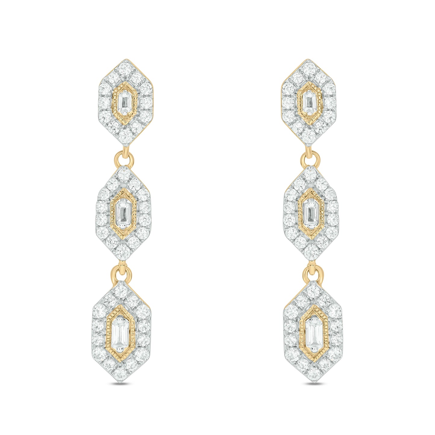10KT Gold Round & Baguette Diamond Studded Drop Earrings