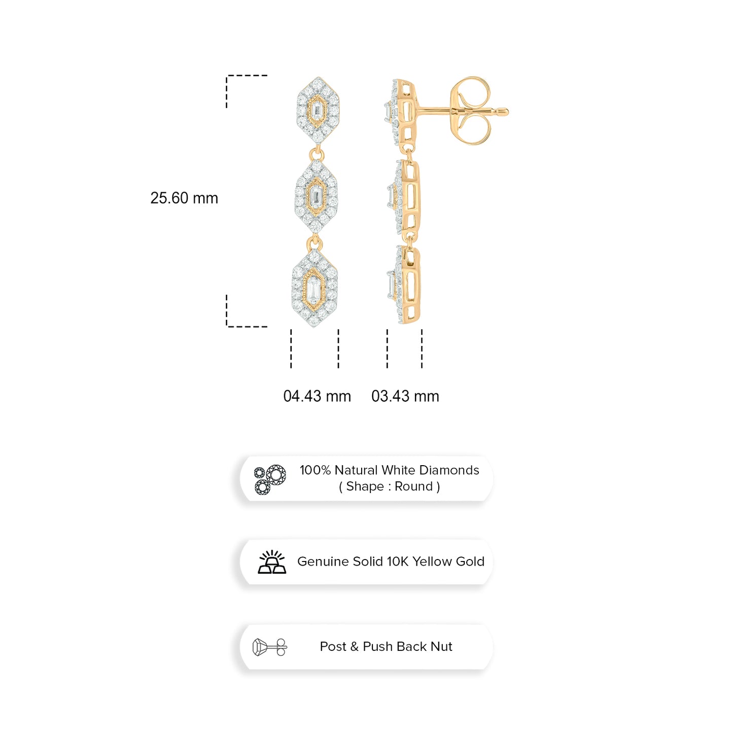 10KT Gold Round & Baguette Diamond Studded Drop Earrings