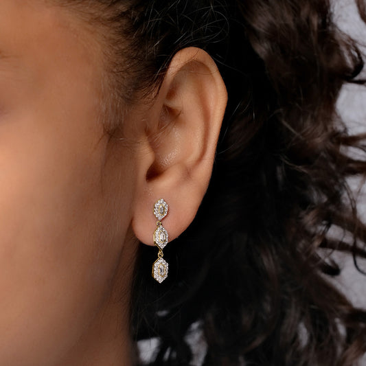 10KT Gold Round & Baguette Diamond Studded Drop Earrings