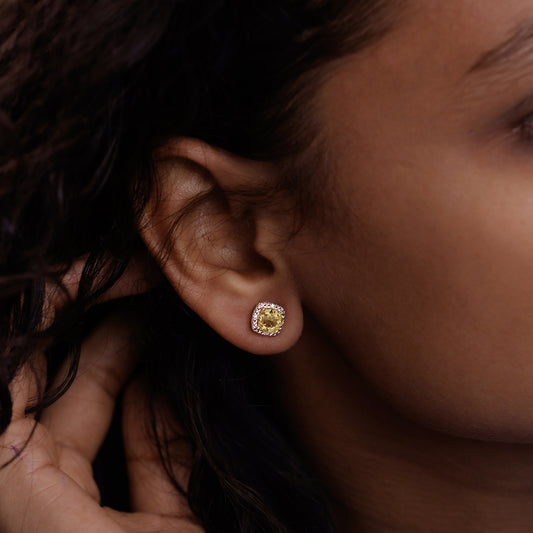 Cushion Shaped Citrine & Diamond Stud Earrings in 10K Gold