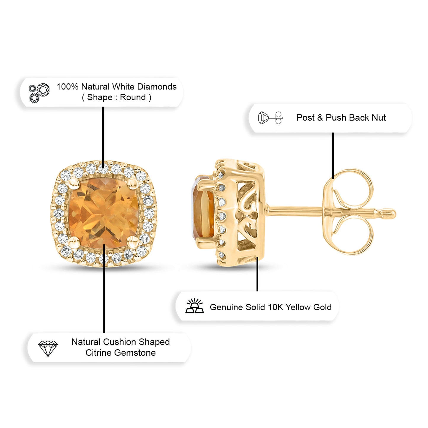 Cushion Shaped Citrine & Diamond Stud Earrings in 10K Gold
