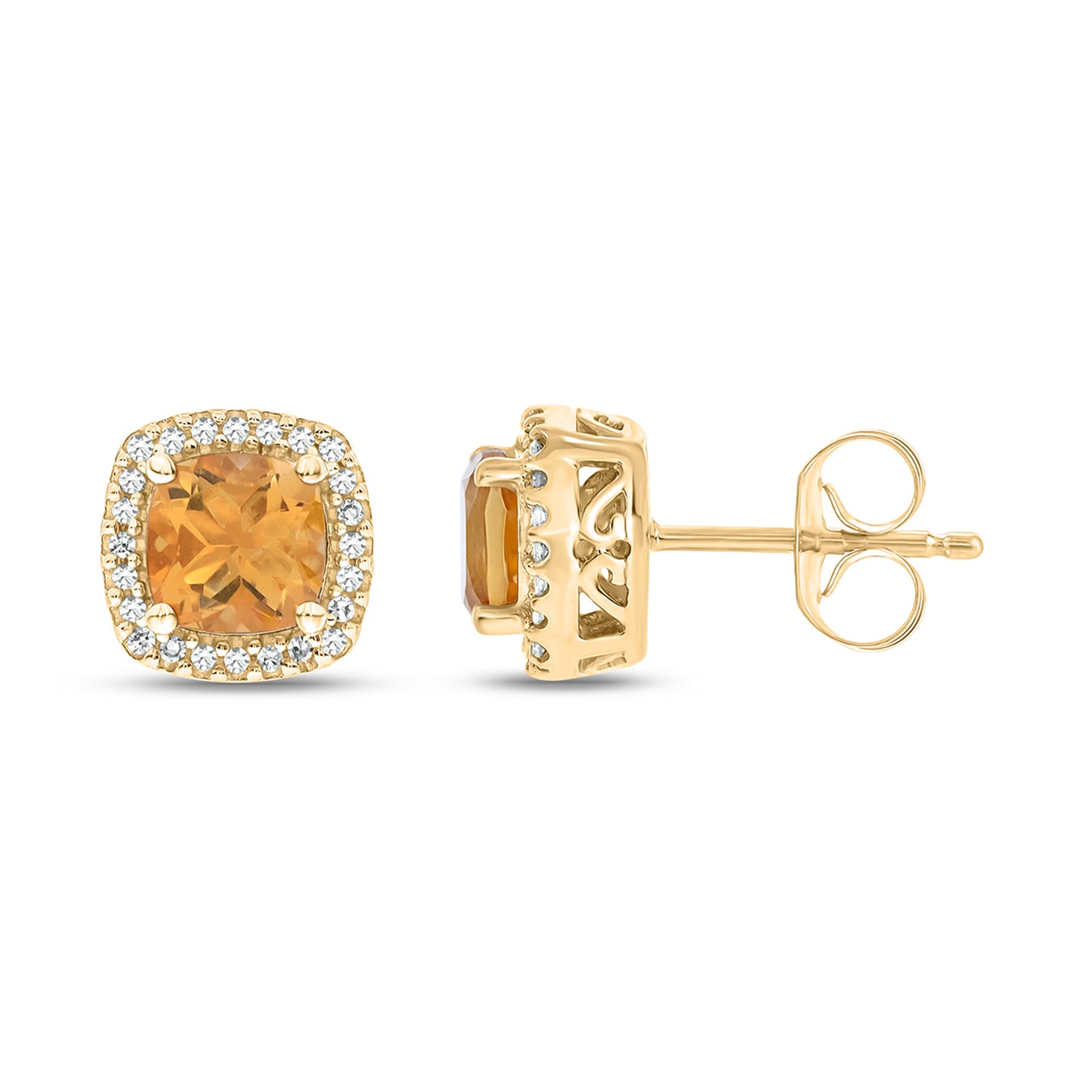 Cushion Shaped Citrine & Diamond Stud Earrings in 10K Gold