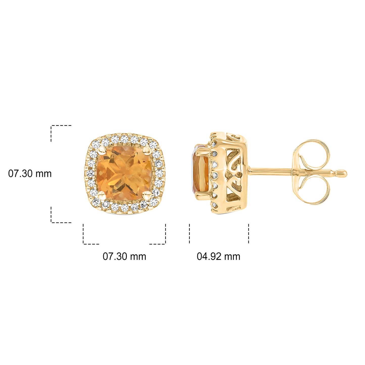 Cushion Shaped Citrine & Diamond Stud Earrings in 10K Gold