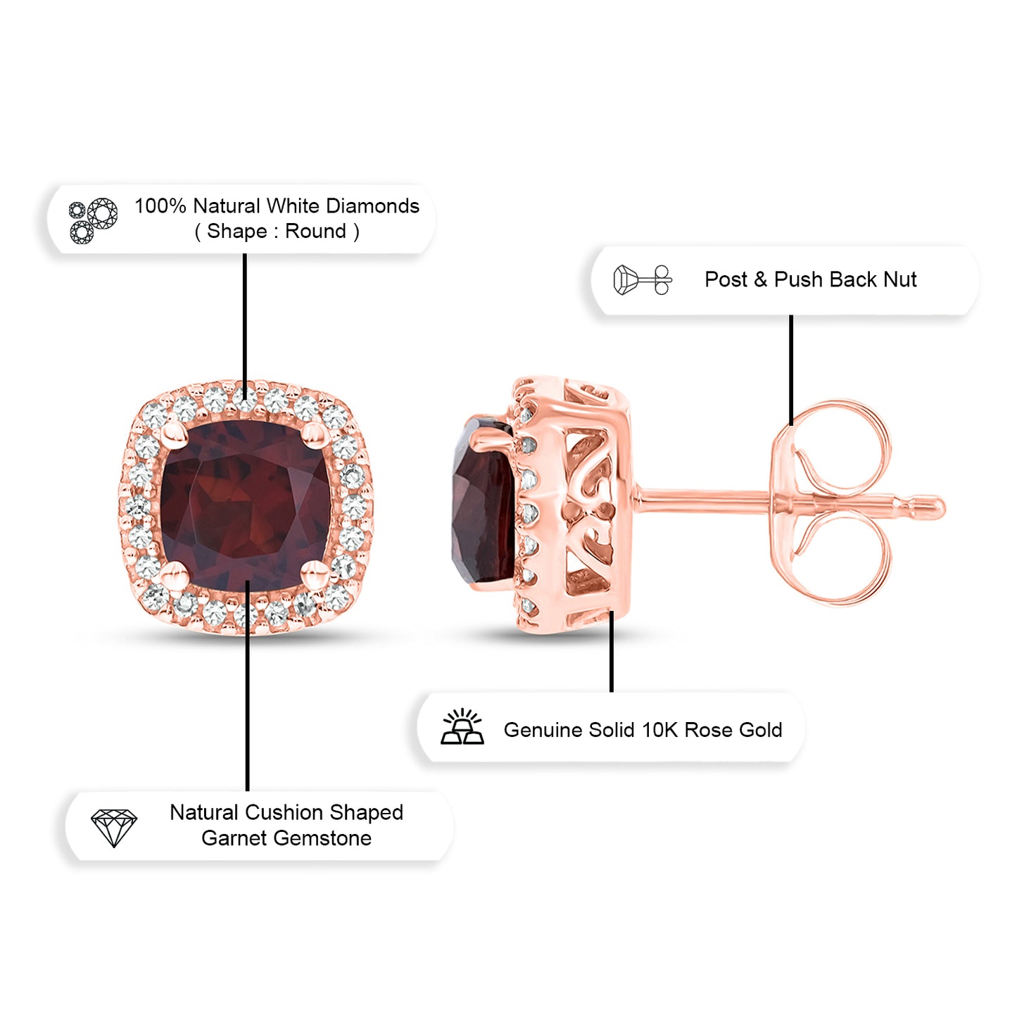 10K Gold, Cushion Shaped Gemstone & Diamond Stud Earrings