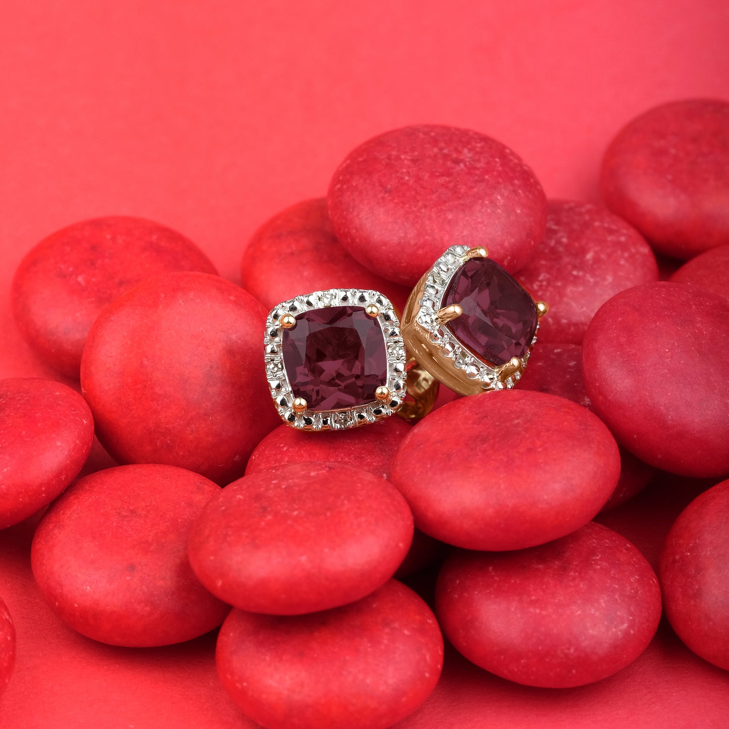 10K Gold, Cushion Shaped Gemstone & Diamond Stud Earrings