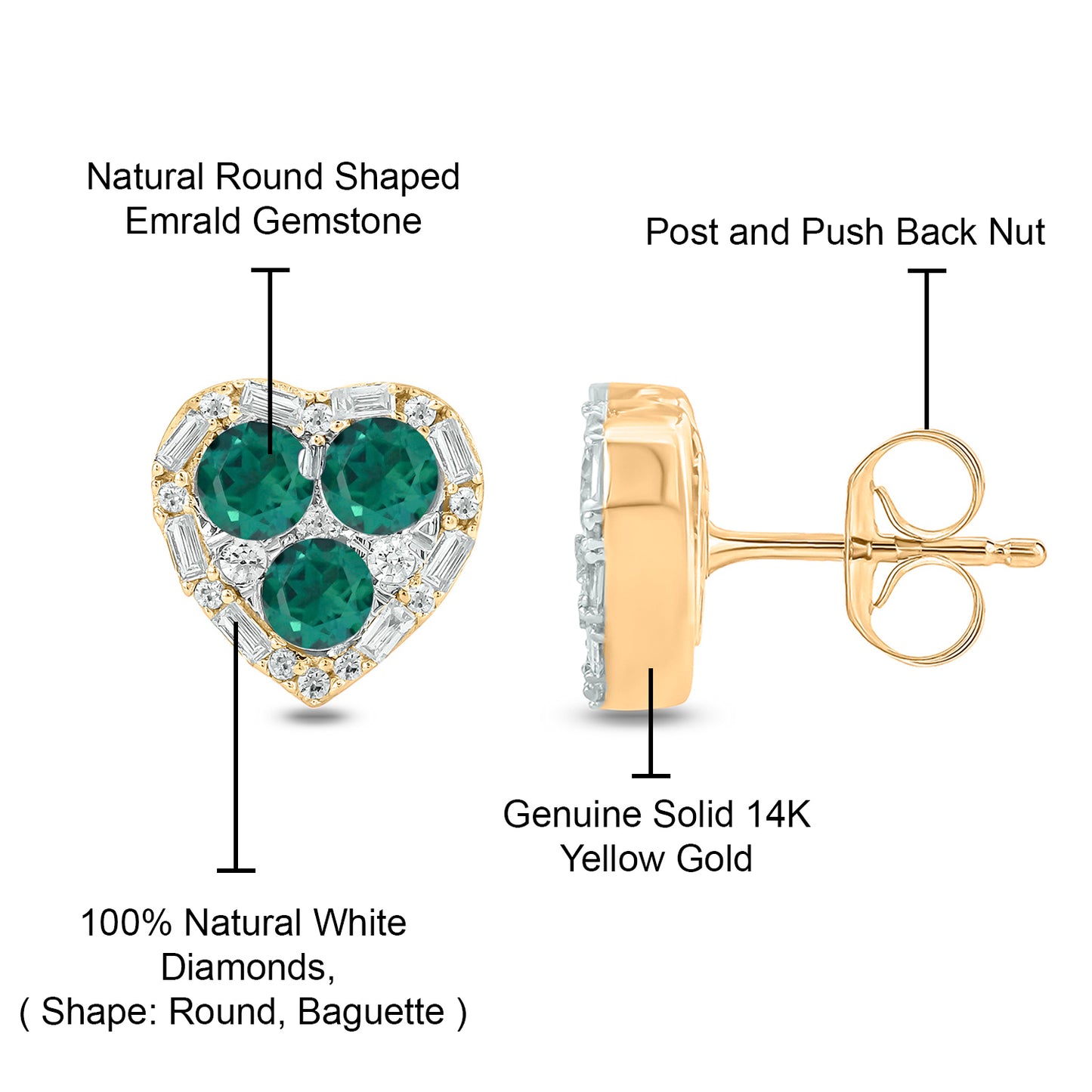Emerald & Diamonds Heart Stud Earrings in 14KT Gold