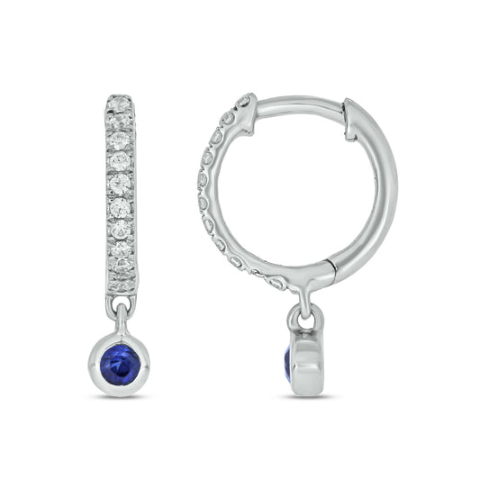 10KT Gold, Diamond Mini Dangling Gemstone Hoop Earrings, also available in 925 Silver