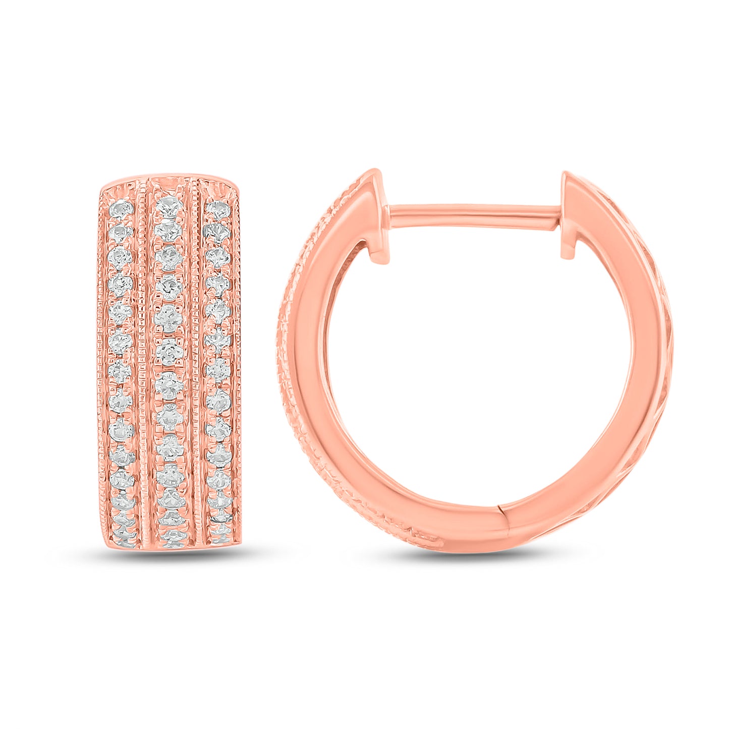 10K Gold Triple Row Diamond Hoop Earrings
