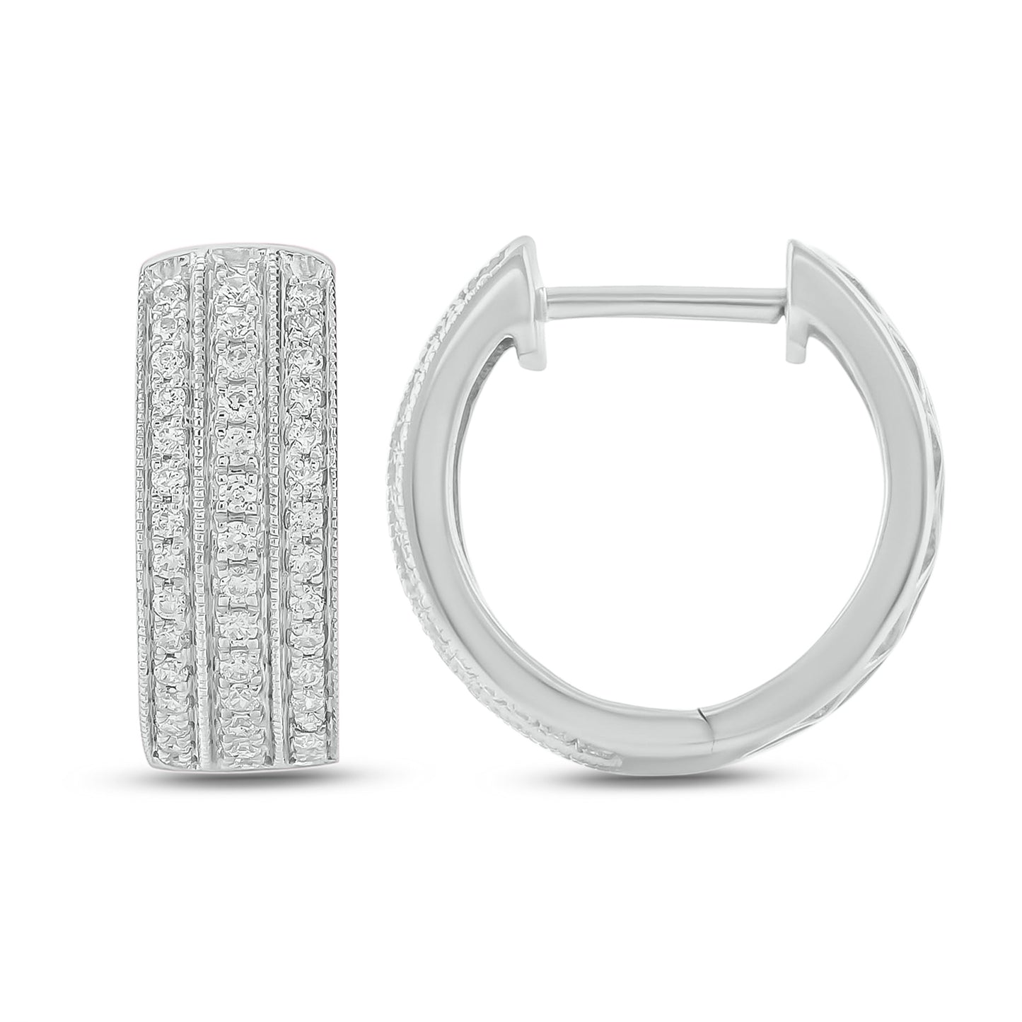 10K Gold Triple Row Diamond Hoop Earrings