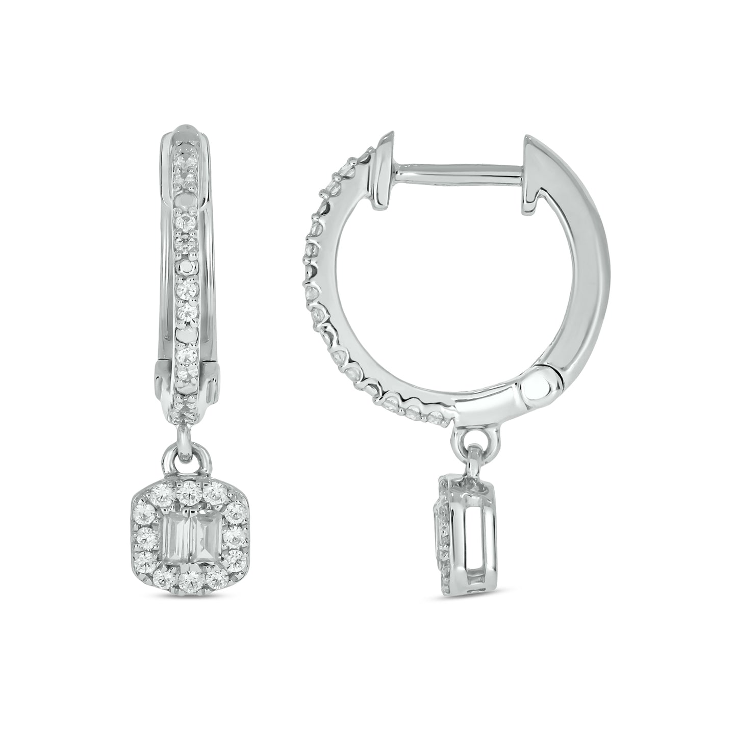10KT Gold Round & Baguette Dangle Drop Everyday Hoop Earrings