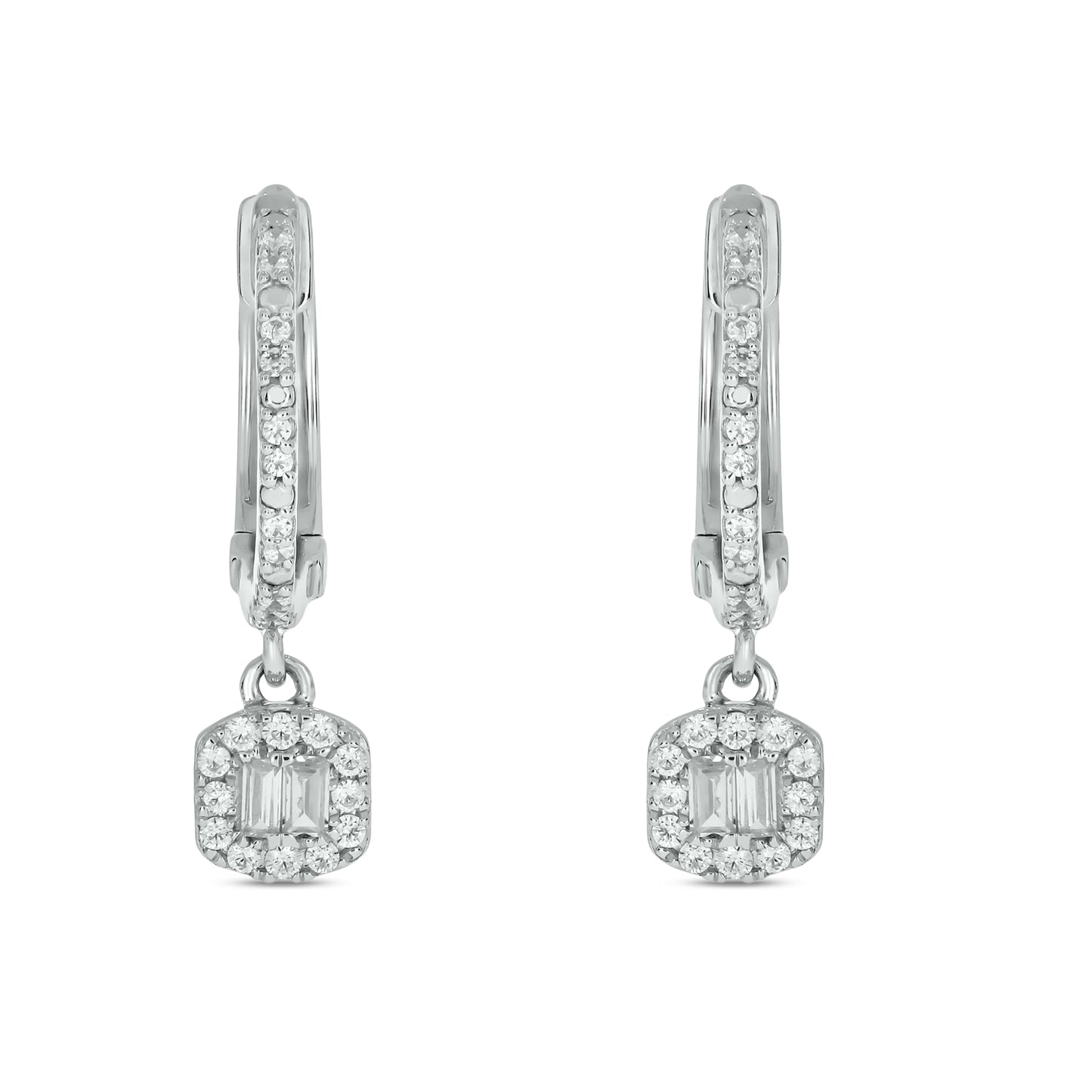 10KT Gold Round & Baguette Dangle Drop Everyday Hoop Earrings