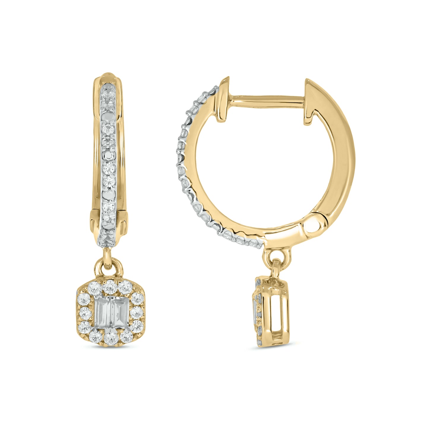 10KT Gold Round & Baguette Dangle Drop Everyday Hoop Earrings