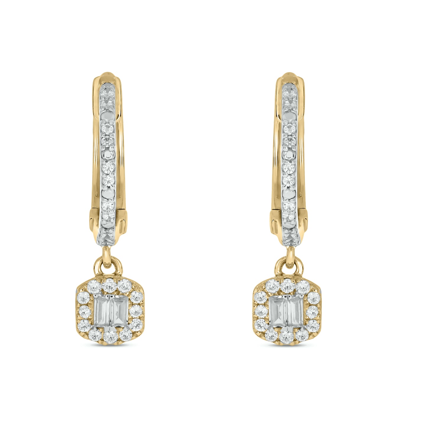 10KT Gold Round & Baguette Dangle Drop Everyday Hoop Earrings