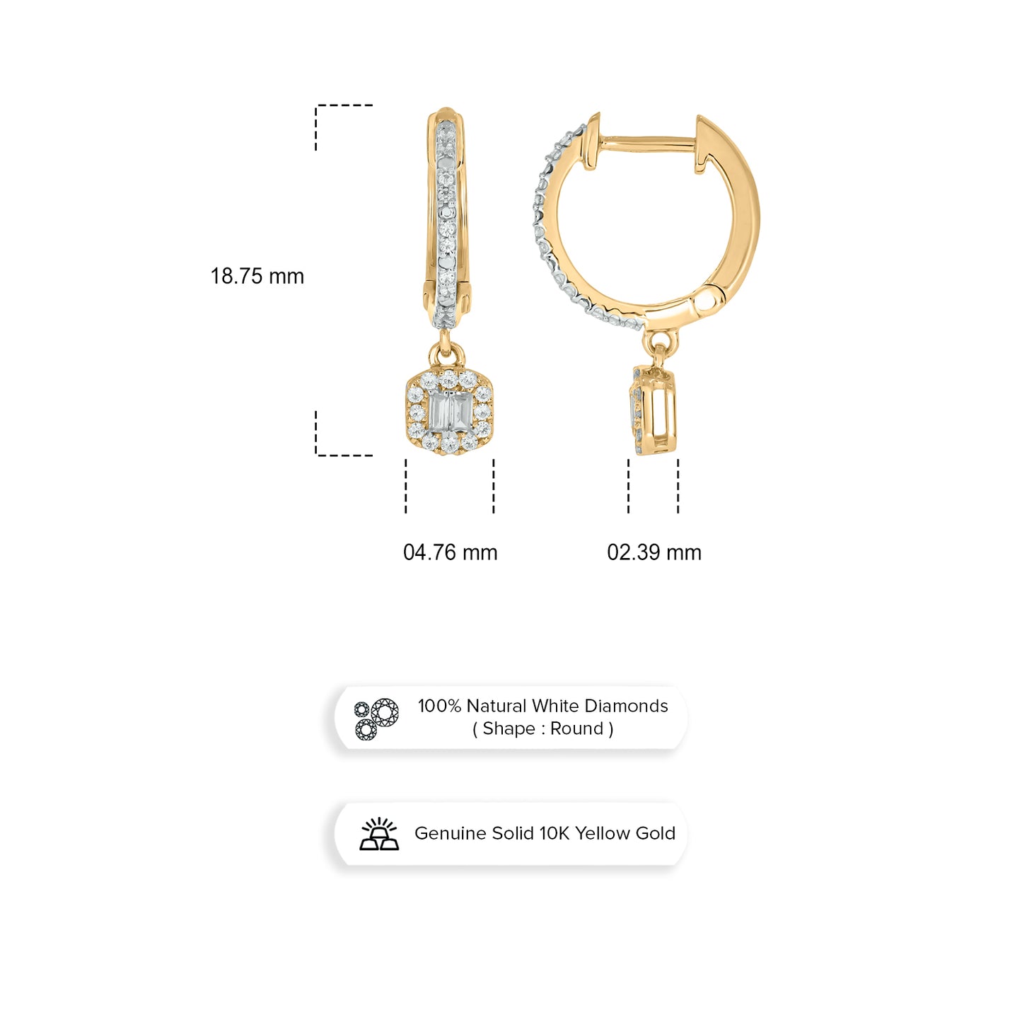 10KT Gold Round & Baguette Dangle Drop Everyday Hoop Earrings