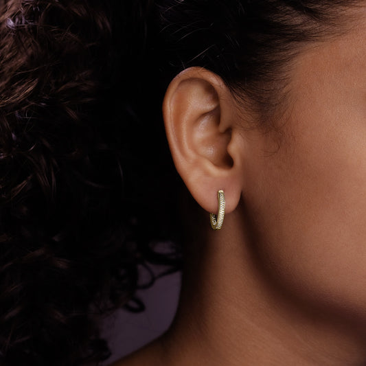 10K Gold Double Row Diamond Hoop Earrings