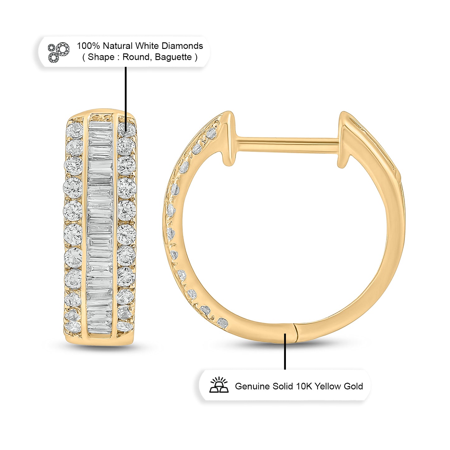 10K Gold Round Baguette Round Diamond Hoop Earrings