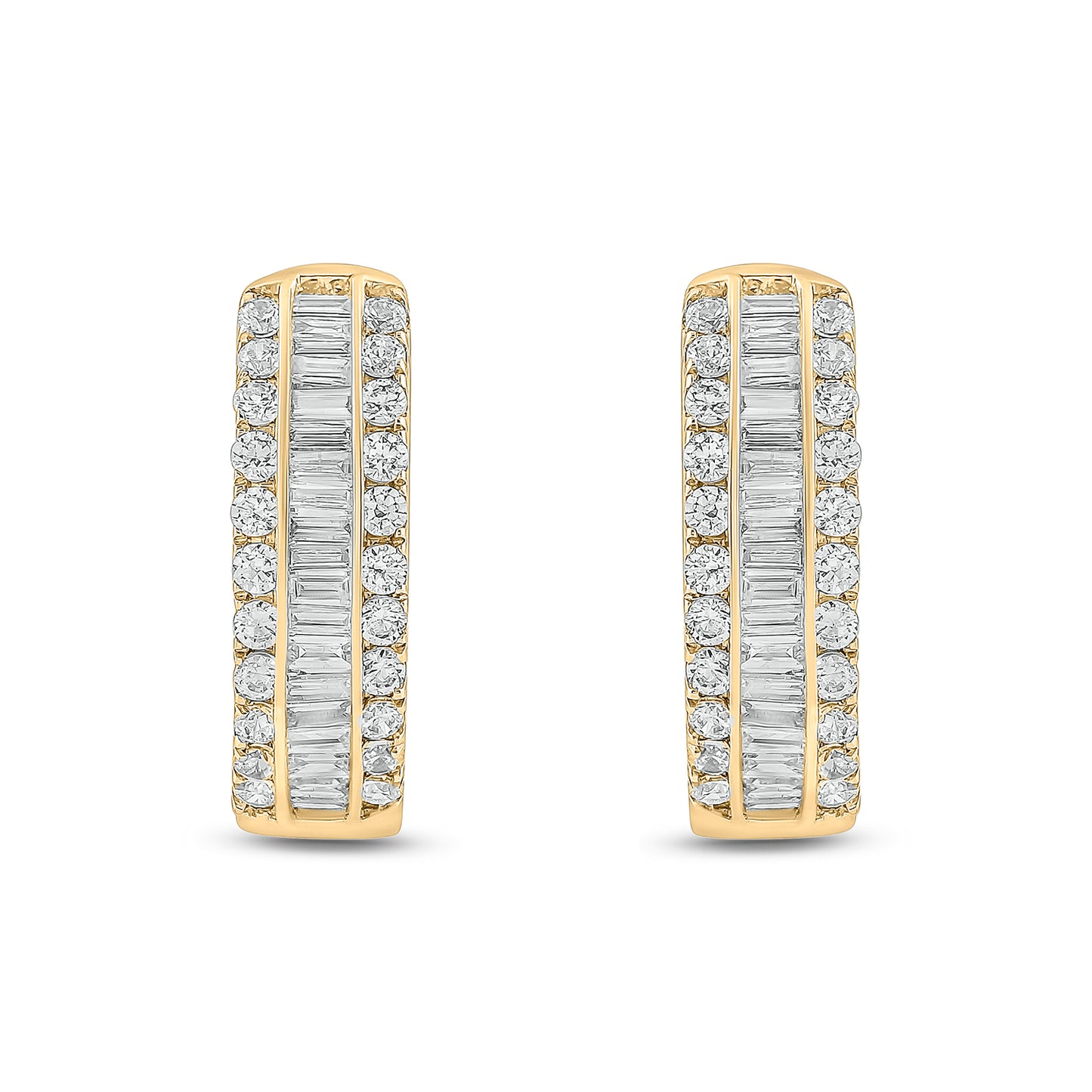 10K Gold Round Baguette Round Diamond Hoop Earrings