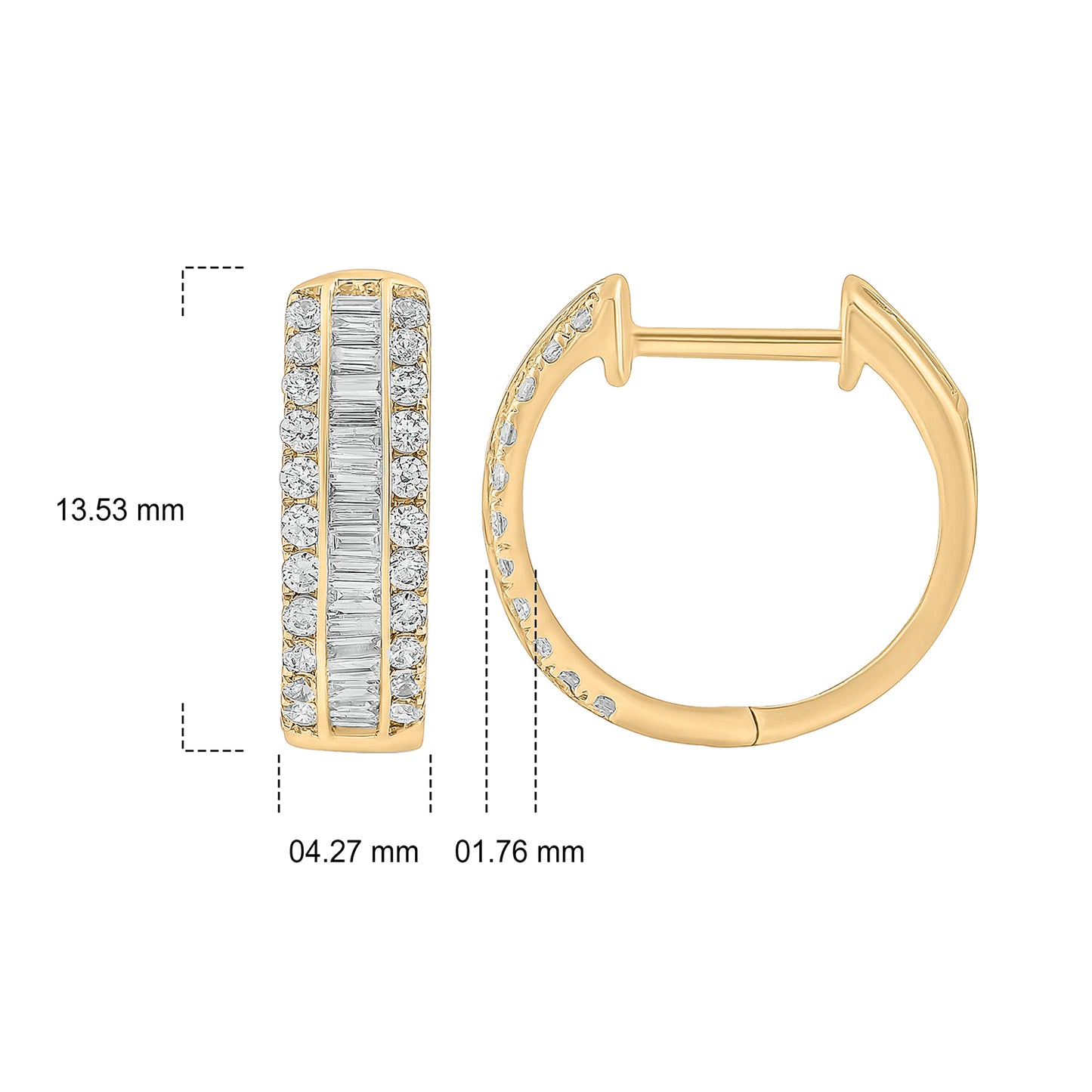 10K Gold Round Baguette Round Diamond Hoop Earrings