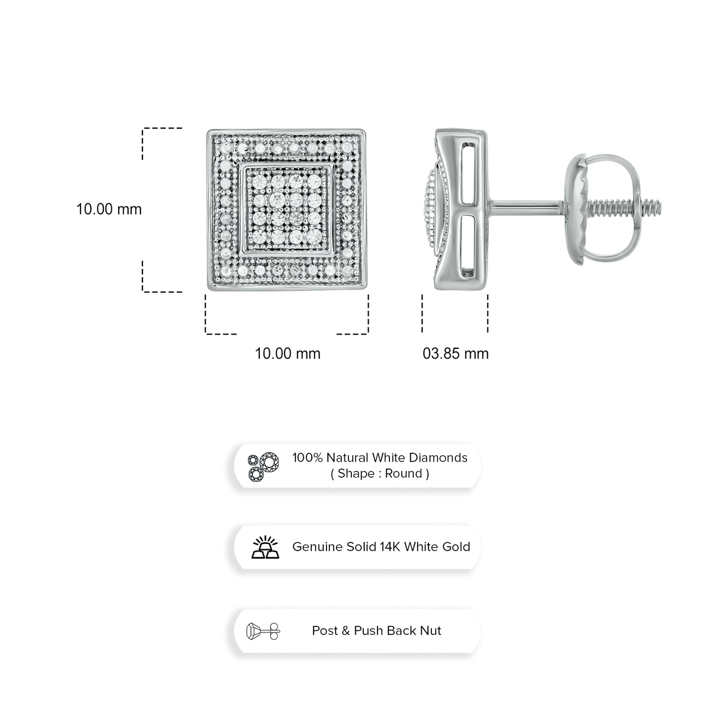 14KT Gold & Diamond Men's Square Stud Earrings