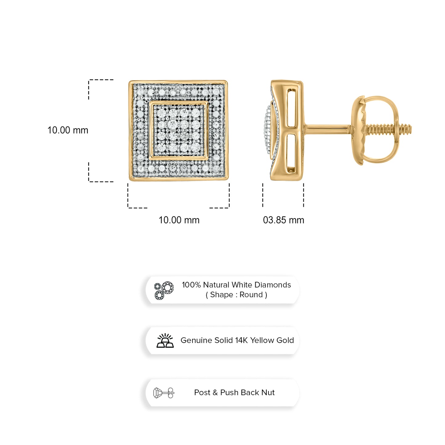 14KT Gold & Diamond Men's Square Stud Earrings