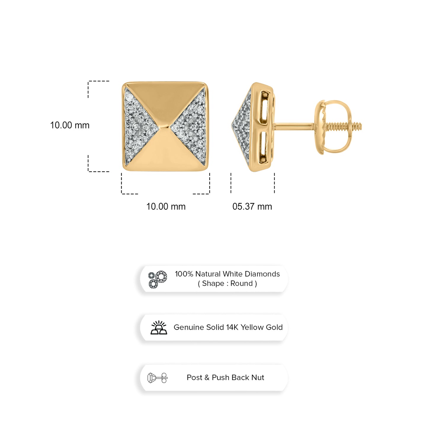 14KT Gold & Diamond Men's Pyramid Stud Earrings
