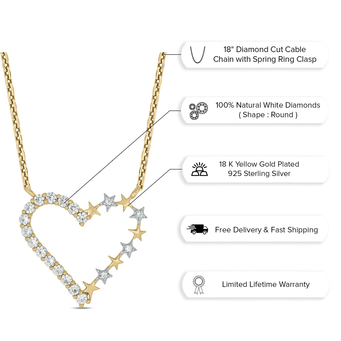 14K Gold Vermeil Unique Star Studded Heart Diamond Necklace