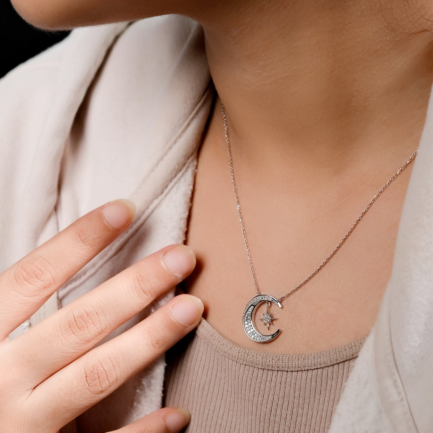 Dreamy Moon & Star Necklace in 925 Sterling Silver, Natural Diamonds