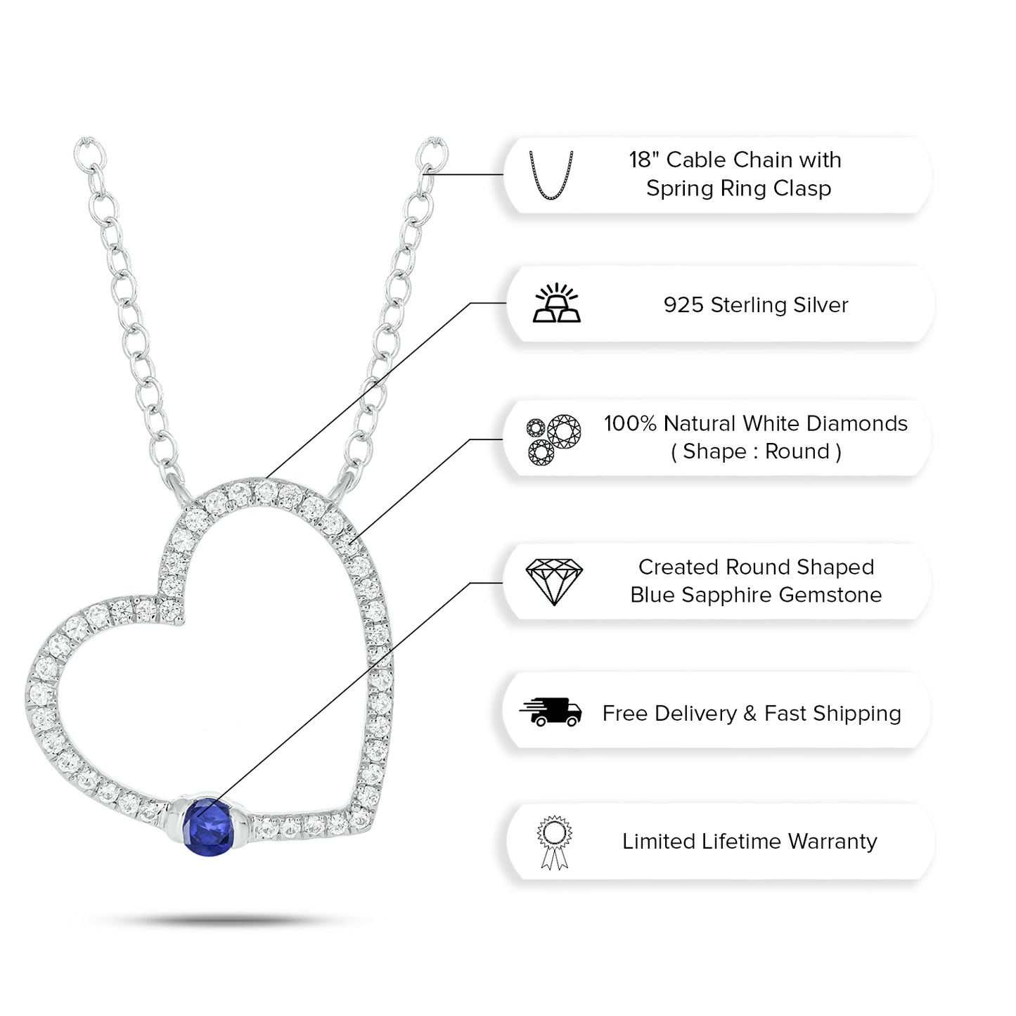 Diamond & Blue Sapphire Heart Pendant in 925 Sterling Silver
