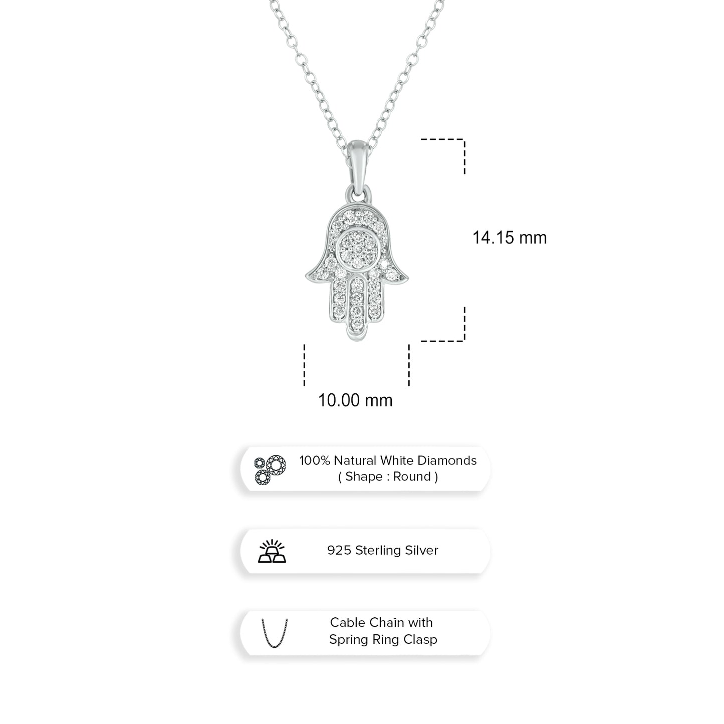 Hamsa Diamond Pendant in 925 Sterling Silver