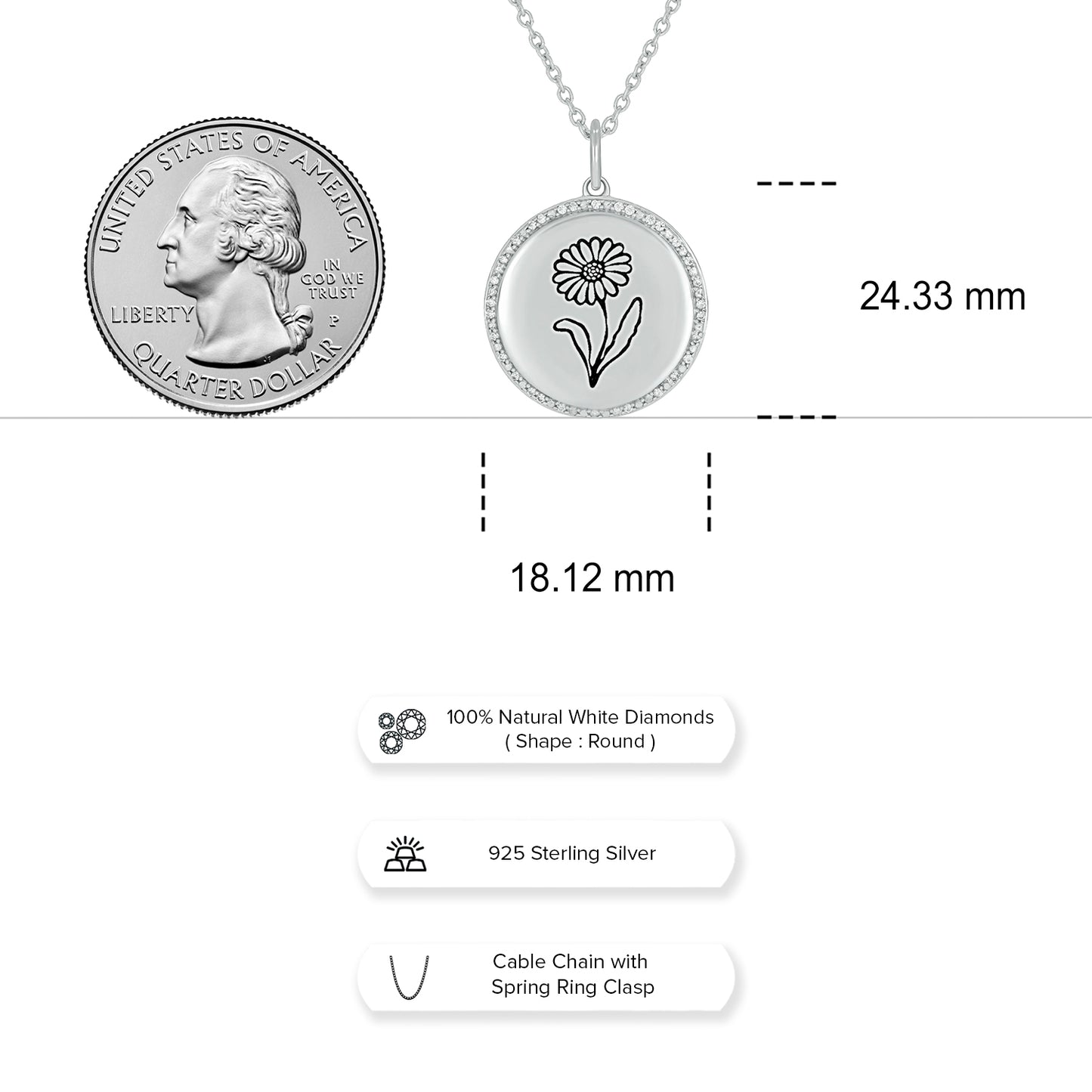 Bespoke Personalized Birth Flower Pendant In 925 Sterling Silver With Natural Diamonds