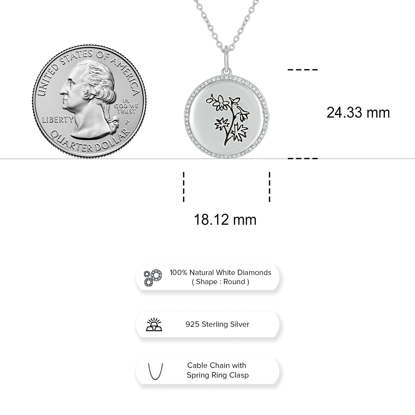 Bespoke Personalized Birth Flower Pendant In 925 Sterling Silver With Natural Diamonds