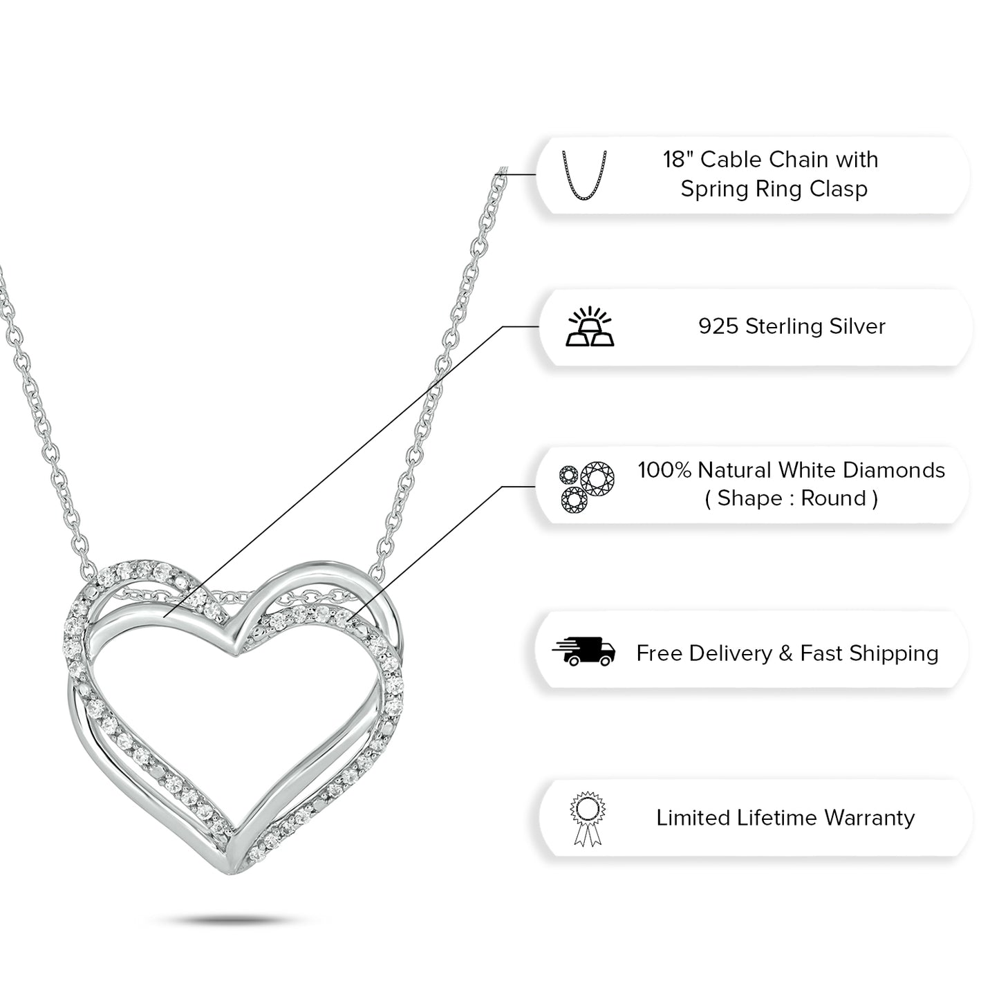 Double Heart Necklace in 925 Sterling Silver