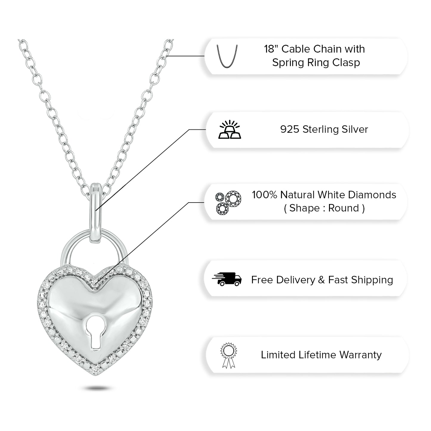 Lock Heart Pendant in 925 Sterling Silver
