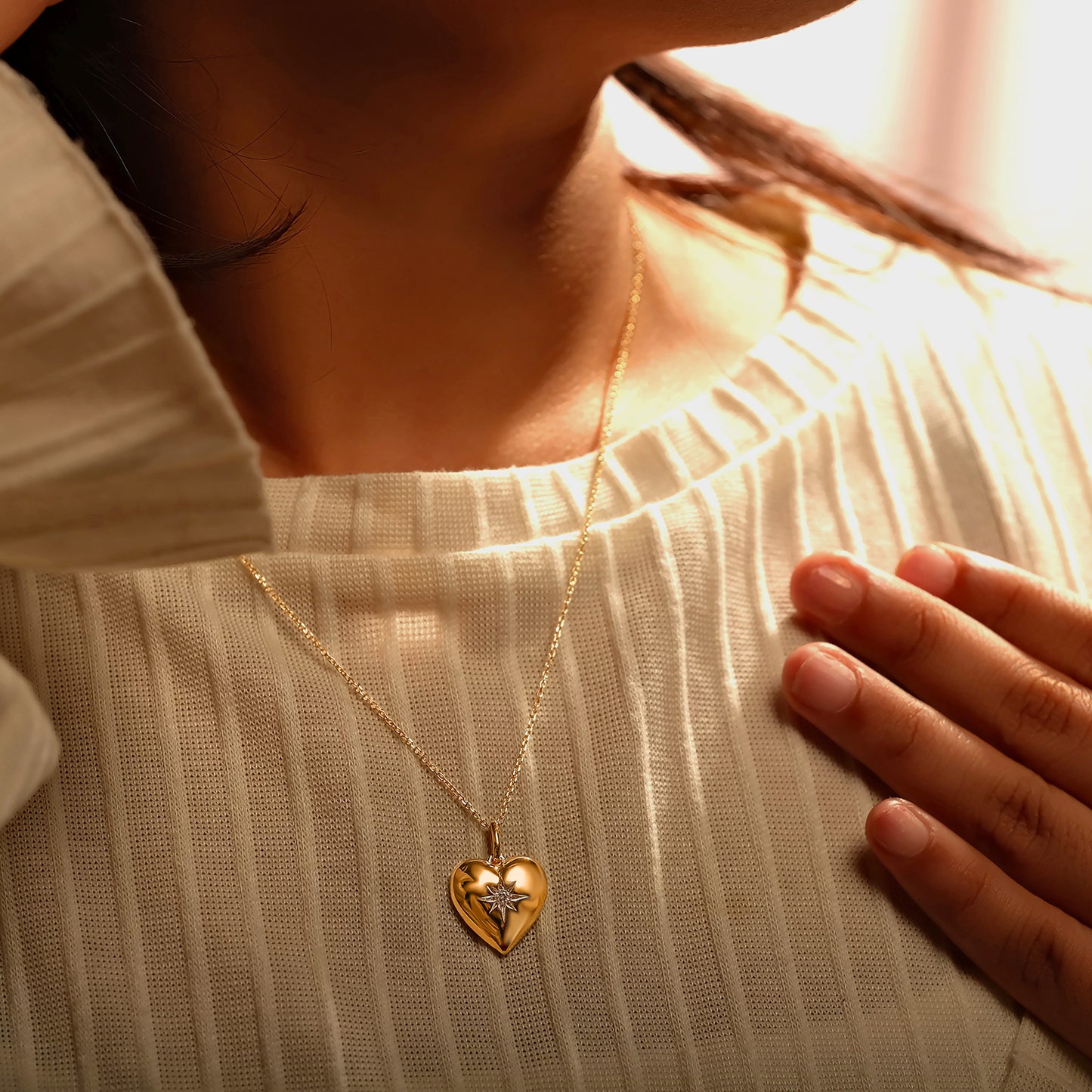 14K Gold Vermeil Puffed Heart Diamond Pendant
