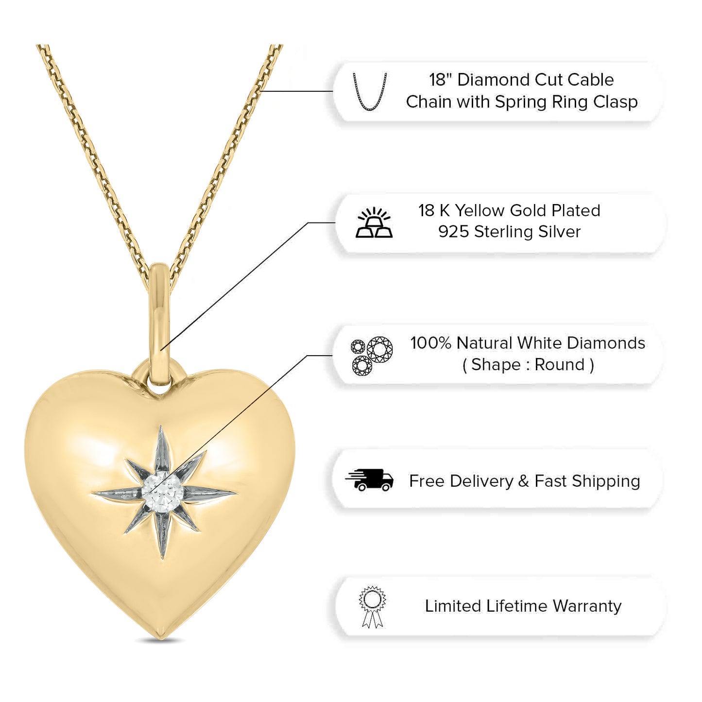 14K Gold Vermeil Puffed Heart Diamond Pendant
